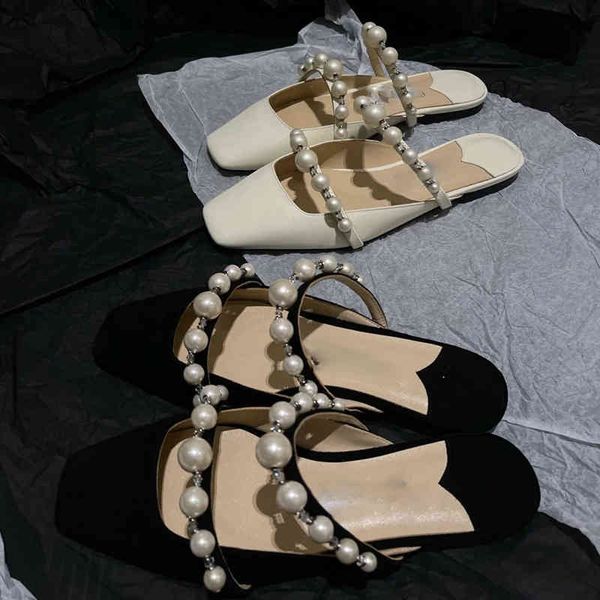 

sandals the same night breeze at the counter is gentle pearl metal one-line with square head flat bottom low heel half tow baotou sandals oc, Black
