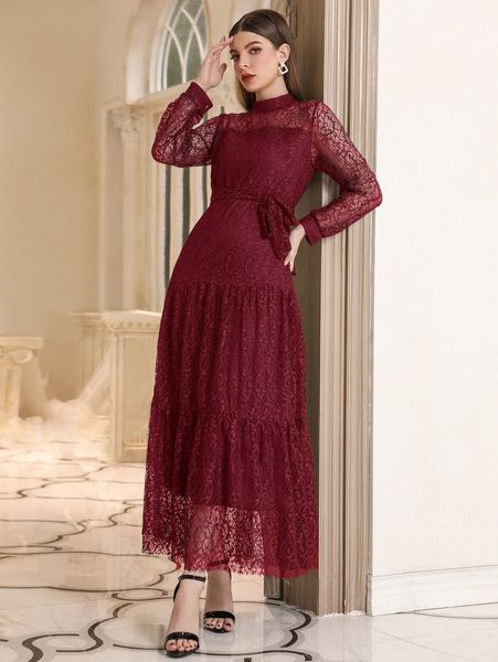 

mock neck lace overlay belted dress e2dt#, Black;gray