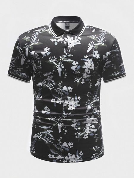 

men floral print striped trim polo shirt q0au#, White;black