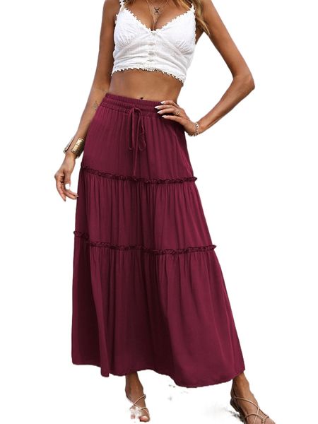 

drawstring waist frill detail skirt u9im#, Black