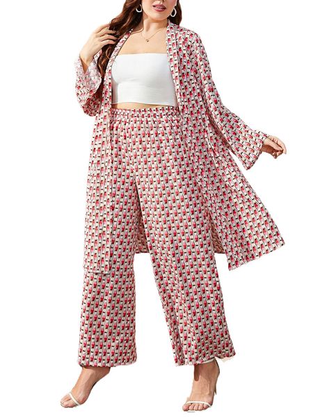 

plus allover geo print open front coat & pants 45w3#, Black