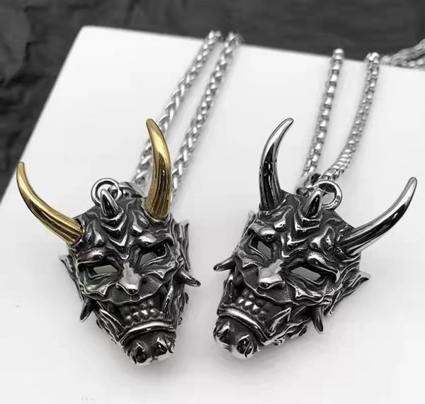 Etro Silber Farbe Horn Prajna Anhänger Männer Geist Maske Halskette Halloween Geschenk Hip Hop Samurai Schädel Schmuck Coole Pullover Kette