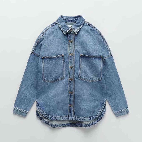 

spring and autumn new korean style casual women's clothing lapel pocket decoration all-match loose blue denim coat l220714, Black;brown