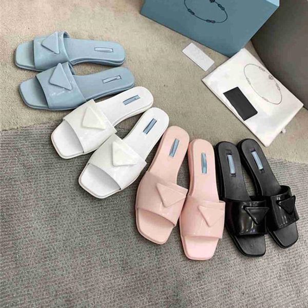 

inverted triangle slippers designer women sandals slip on slides beach mules pool slide shoes luxury ladies patent leather flats loafers sli, Black