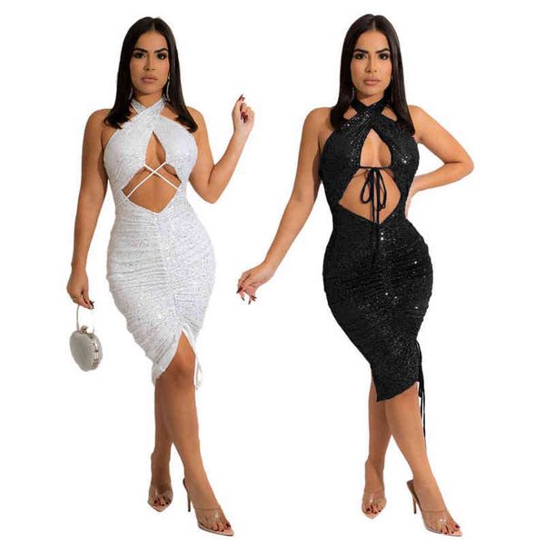 

black white sequin patchwork party club dress women halter neck backless bandage dresses ruched drawstring birthday dress