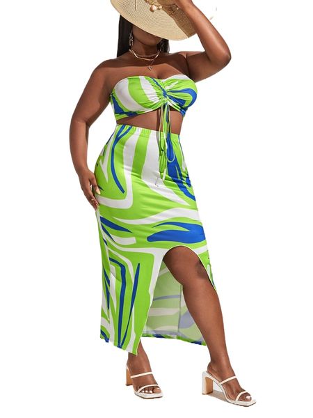 

plus graphic print drawstring tube & split hem skirt c1j8#, Black