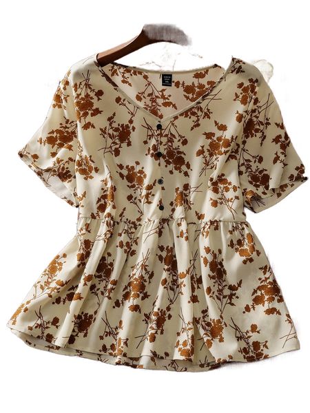 

plus allover floral print button half peplum blouse o7yz#, Black