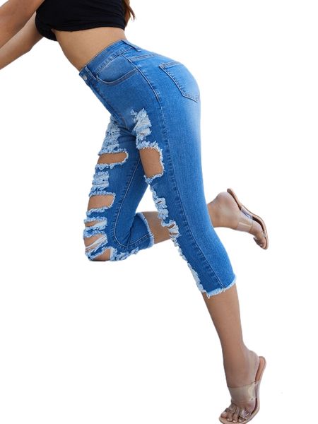 

high waist cut out ripped frayed raw hem skinny jeans w8kt#, Blue