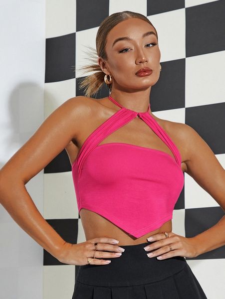 

cut out tie backless hanky hem halter o7lo#, White