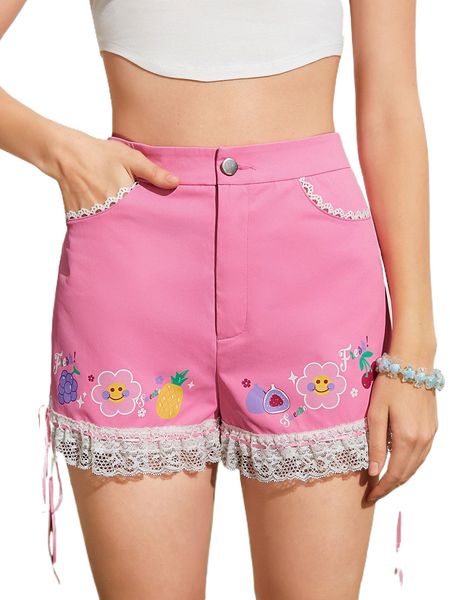 

mod cartoon & letter graphic contrast lace knot detail shorts c0k1#, White;black