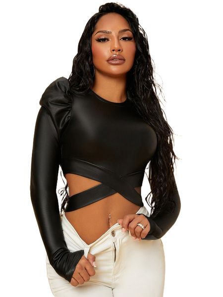 

sxy gigot sleeve criss cross peekaboo front crop tee j1yd#, White