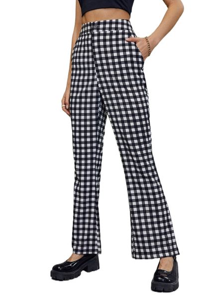 

gingham slant pocket pants l0xo#, Black;white