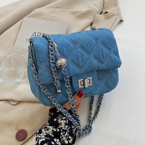 

evening bags women's mini denim quilted crossbody bag with chain belt 2022 winter fashion simple shoulder handbags and purses