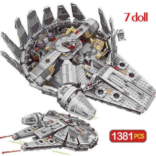 

1381 pcs force awakens set compatible millennium 79211 falcon model building blocks toys for children kids g220707