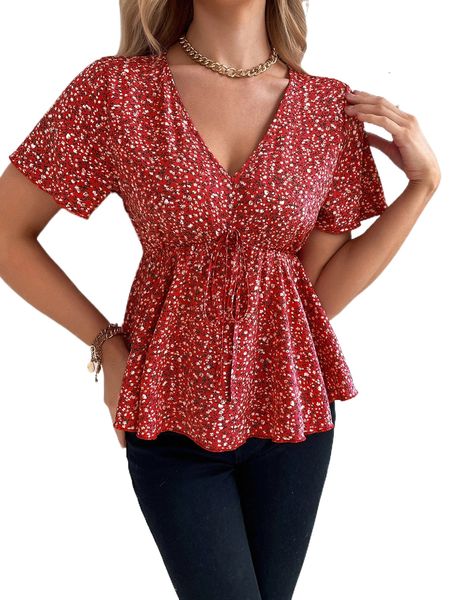 

ditsy floral tie front peplum blouse 933s#, White