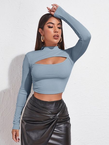 

mock neck cut-out rib-knit slim crop tee w99c#, White