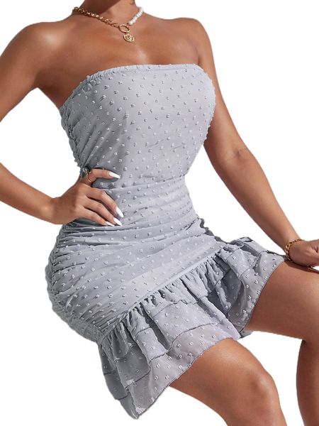 

swiss dot layered hem tube dress s7v9#, Black;gray