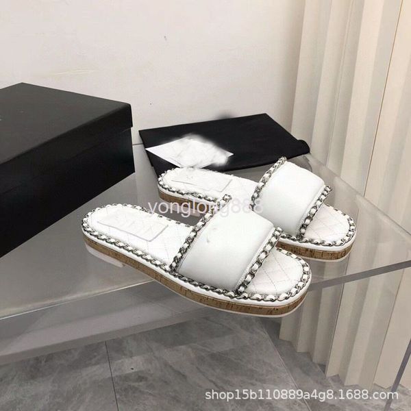 

slippers spring and summer small fragrance style fake chain line slippers sheepskin round head metal thick bottom casual, Black