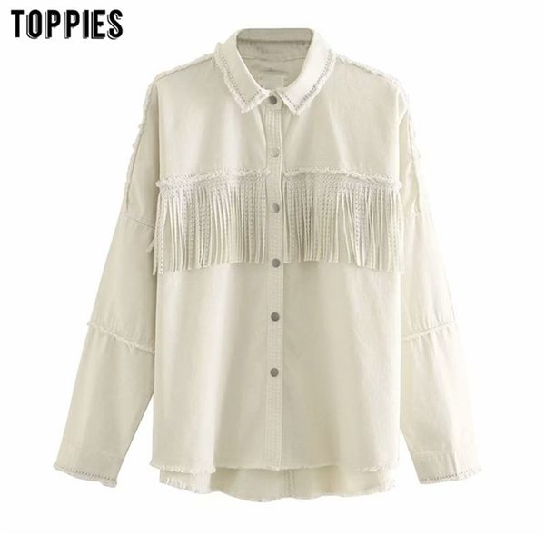 

ies fashion breasted tassel jacket white jean jacket coat womens rivet denim coat soutwear 201210, Black;brown