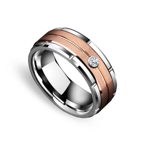 Alianças de casamento que vendem banda de tungstênio de 8 mm para casais banhado a ouro rosa com acabamento escovado com pedra de zircônia cúbica branca 6-13casamento