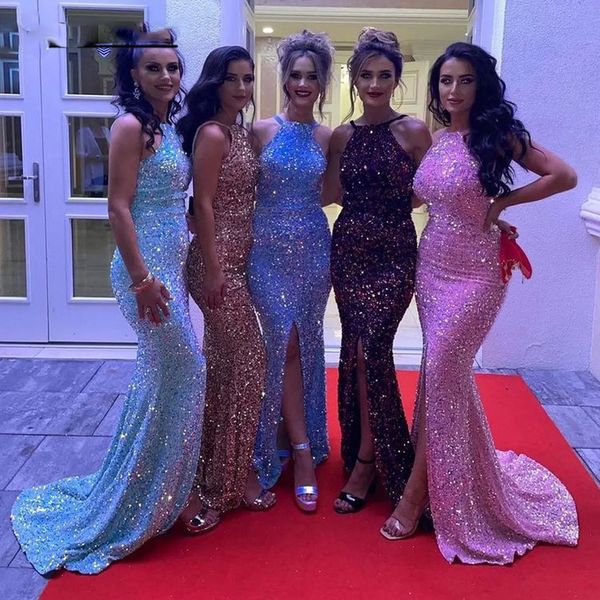 

sequined mermaid evening prom dresses 2022 halter neck school formal homecoming gowns, Black