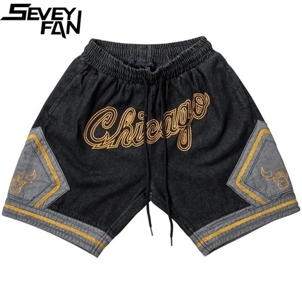 

seveyfan chicago embroidery denim shorts mens hip hop drawstring patchwork basketball sport for male 220602, White;black