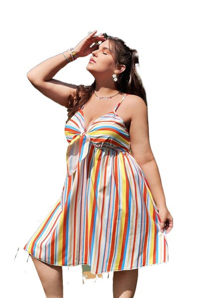 

plus colorful striped tie front shirred back cami dress e3em#, Black