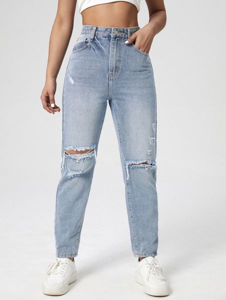 

high waist ripped mom jeans z5dj#, Blue