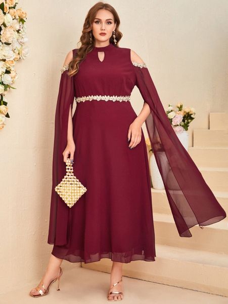 

plus cloak sleeve floral embroidery tape dress x9lb#, Black