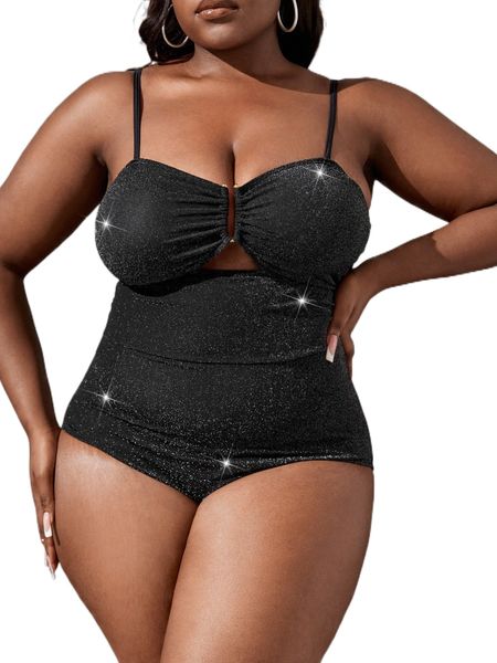 

plus cut out tie back v wired one piece swimsuit n6dk#, White;black