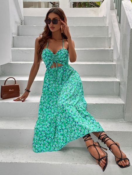 

random floral print criss-cross tie backless cut out ruffle hem cami dress d7p7#, Black;gray
