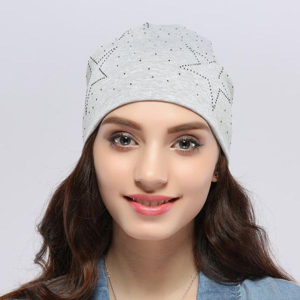 Berretti Geebro Donna Cotton Star Primavera Autunno Caldo tinta unita Morbido Moda Skullies Cappello Ragazze con strass Comodi berretti