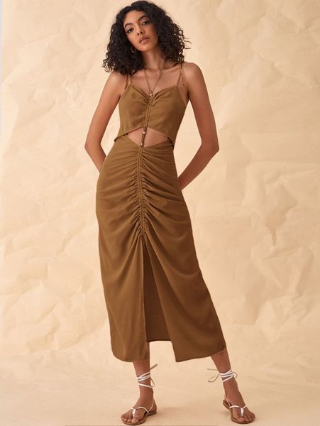 

beaded detail cut out ruched split thigh dress v712#, Black;gray