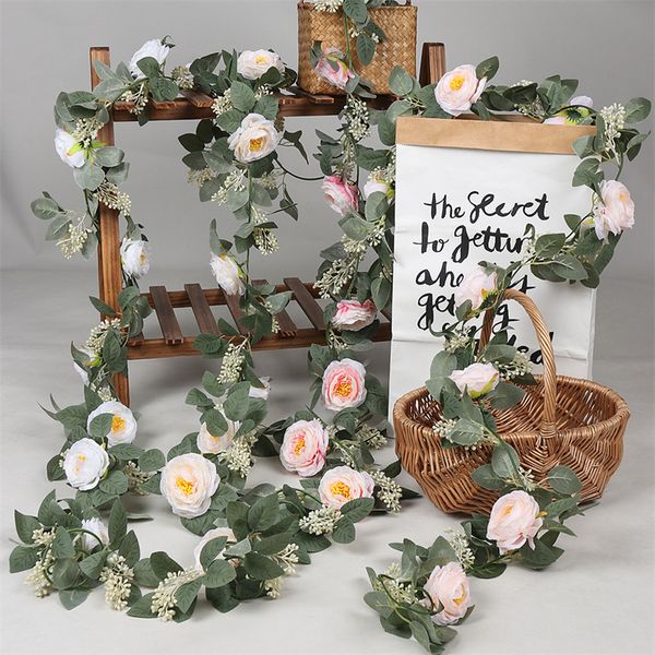 Künstliche Blumengirlande, 200 cm Länge, Vintage-Fake-Blume, Pfingstrose, Rose, Ranke, Grün, dekorative Wandbehangpflanze für Hochzeit, Bogentür-Arrangement