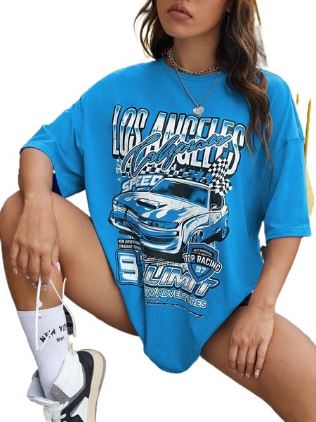 

letter & car print drop shoulder tee m7bz#, White