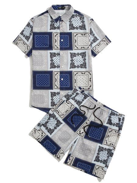 

men paisley scarf print shirt & drawstring waist shorts v8uh#, Gray