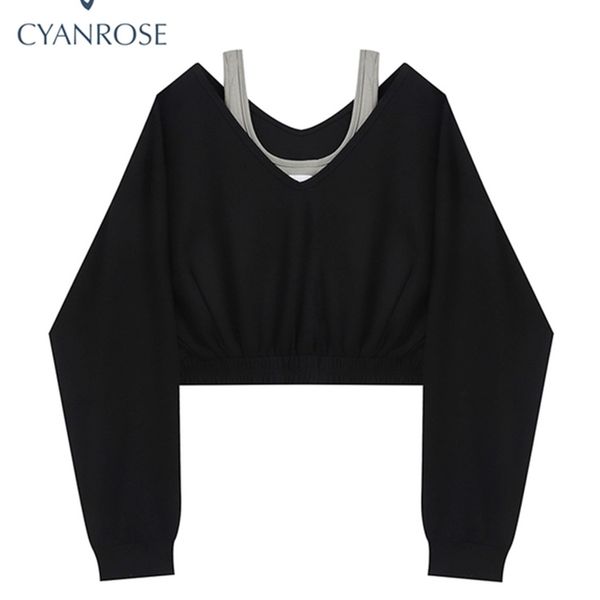 

woman sweatshirt hoodies fashion female chic loose casual streetwear patchwork ins street y2k fake two pieces hoodies crop 220809, Black
