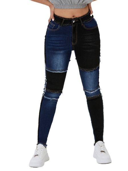 

petite high waist colorblock ripped raw hem skinny jeans q1oa#, Blue