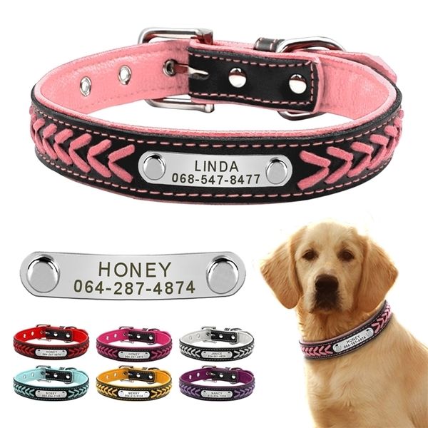 Kundenspezifisches Hundehalsband aus Leder mit geflochtenem Namen, plattiertes Hundehalsband für kleine, mittelgroße und große Hunde, personalisierte Gravur auf dem Halsband, Haustier-ID-Tags 220610