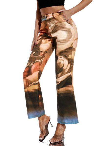 

graphic print zip up flare leg pants e84e#, Black;white