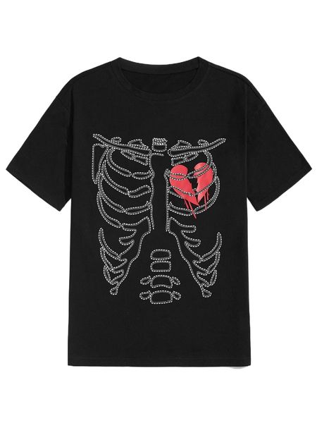 

romwe guys heart & skeleton graphic tee v0ef#, White;black