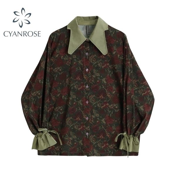 Autumn Style Vintage Printing Floral Printing Loose Feminina Blusa Feminina Casual Casual Manga longa Botão Bloups Tops femininos 210326