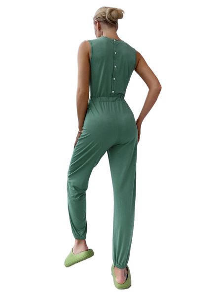 

button back drawstring waist lounge jumpsuit i5tb#, Black;red