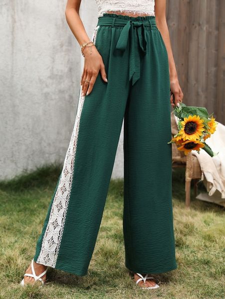 

contrast lace belted paper bag waist wide leg pants h5oy#, Black;white