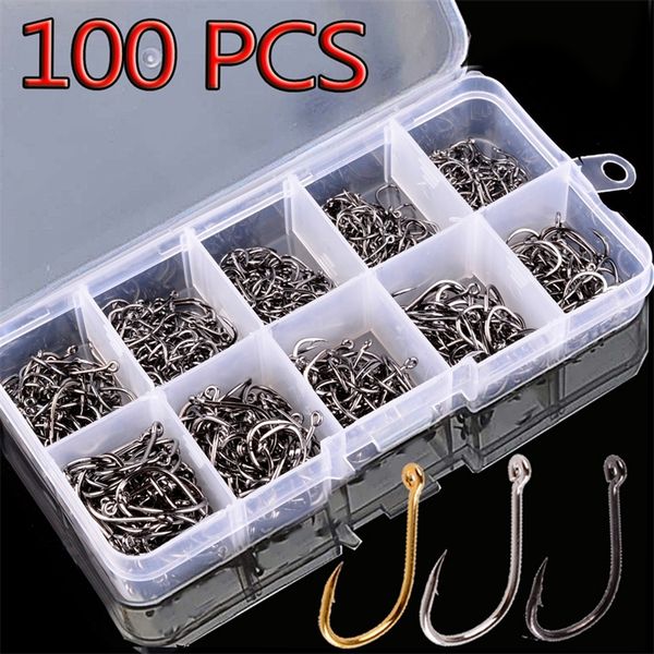 

100pcs fishing hooks set carbon steel single circle fishing hook fly fishing jip barbed carp hooks sea tackle accessories 220623