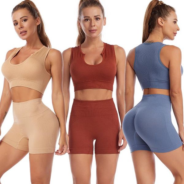 

yoga outfit women's tracksuit seamless set fitness running shockproof sports bra deep u crop gym workout shortsyoga