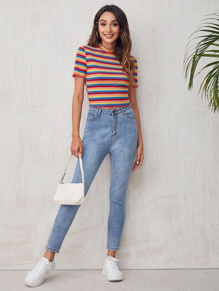 

lettuce edge rainbow striped tee s63u#, White