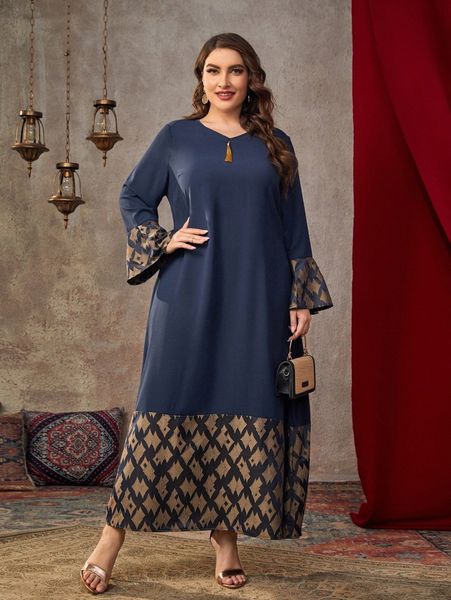 

plus argyle pattern tassel detail trumpet sleeve dress 71qi#, Black