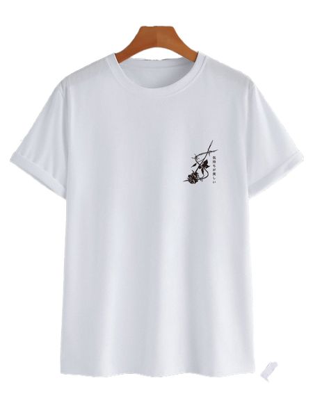 

men japanese letter & floral print tee s5et#, White;black