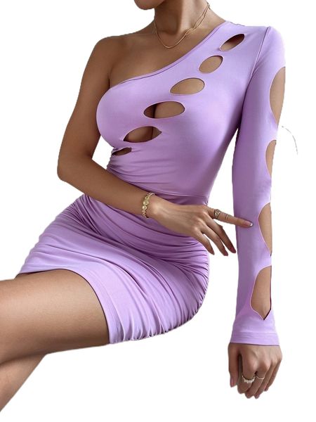 

one shoulder cut out ruched side bodycon dress l5bf#, Black;gray
